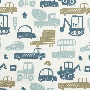 French terry, felpa estiva Veicoli scarabocchiati &ndash; bianco/blu, 