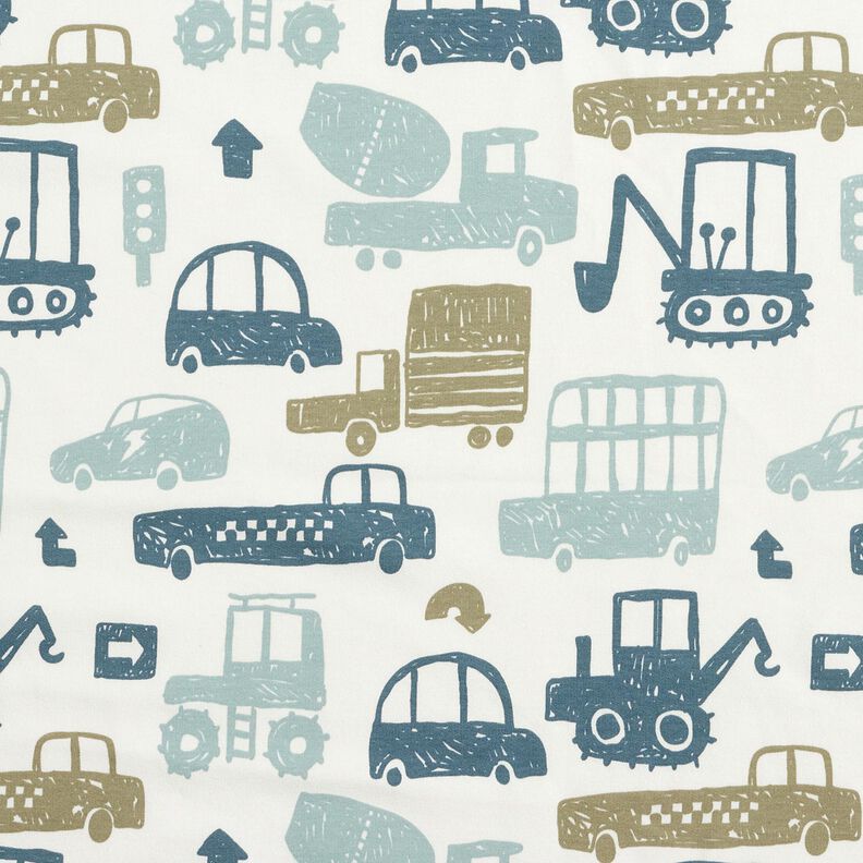 French terry, felpa estiva Veicoli scarabocchiati &ndash; bianco/blu,  image number 1