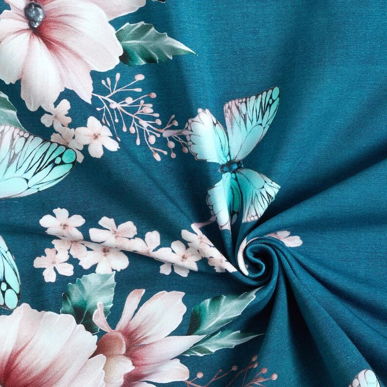 jersey di cotone Prato con farfalle | Glitzerpüppi  – petrolio chiaro/rosé,  image number 3