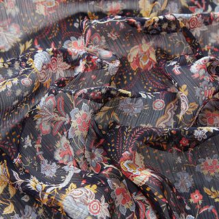 chiffon crespato con righe brillanti e fiori rétro – nero, 