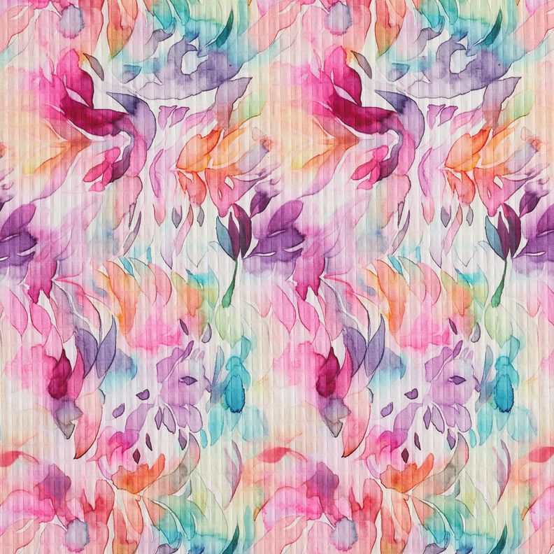 Tessuto strutturato elasticizzato con fiori in acquerello a stampa digitale – lavanda/arancio pesca,  image number 1