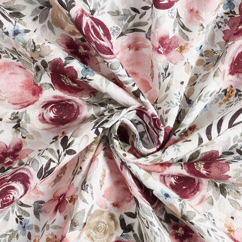 mussolina / tessuto doppio increspato rose acquerello stampa digitale – bianco,  image number 4