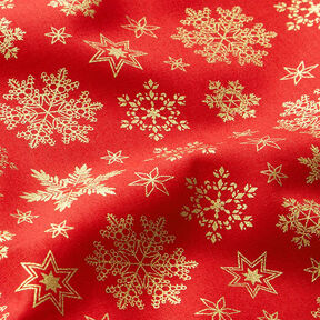 tessuto in cotone popeline Cristalli di neve – rosso/oro, 