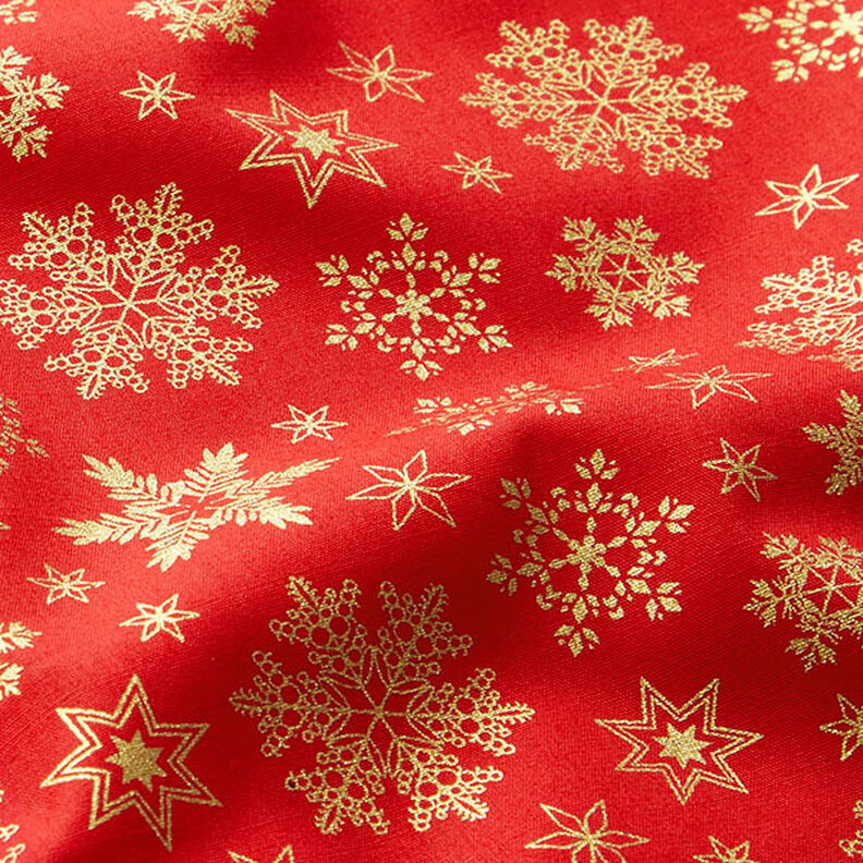 tessuto in cotone popeline Cristalli di neve – rosso/oro, image number 2
