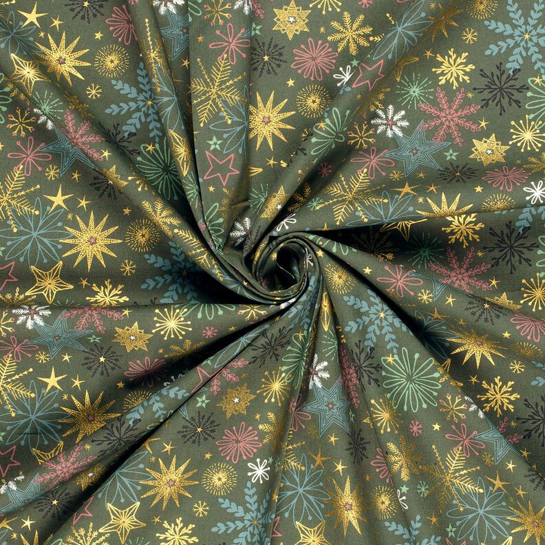 tessuto in cotone popeline Mix di stelle – pino scuro/oro, image number 3