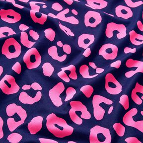 French terry, felpa estiva effetto jeans, stampa leopardata neon – blu notte/fucsia neon, 