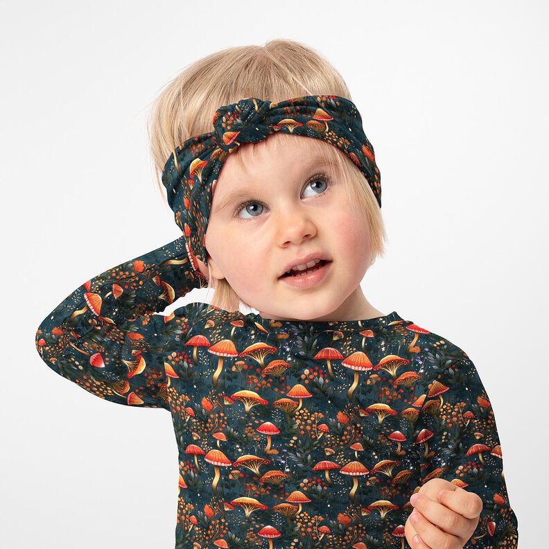 French terry, felpa estiva Foresta di funghi magici stampa digitale – verde scuro,  image number 5