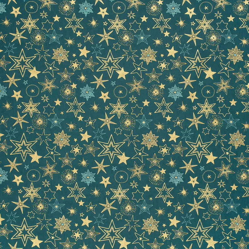 tessuto in cotone popeline Grandi stelle – abete blu/oro, image number 6