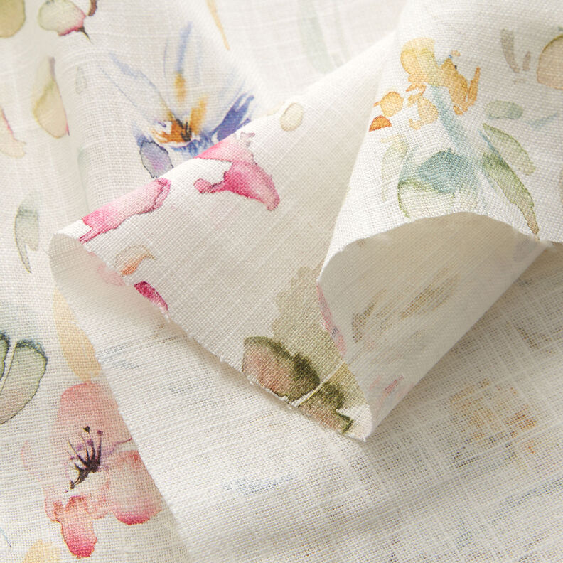Misto lino-cotone con fiori acquarellati – bianco,  image number 3