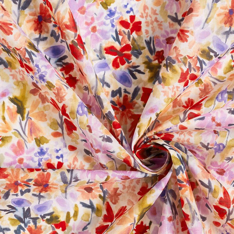 Voile di cotone con stampa digitale ad acquerello prato fiorito – avorio/rosso,  image number 3