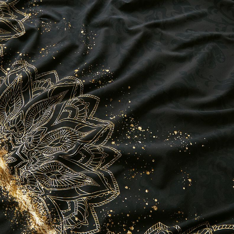 jersey di cotone Tessuto con bordo mandala barocco con granelli dorati | Glitzerpüppi – nero,  image number 1