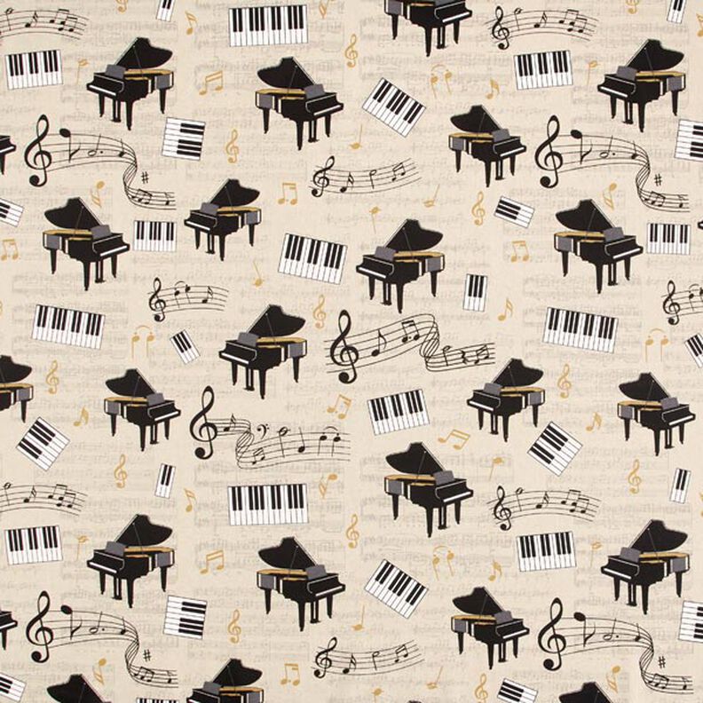 tessuto arredo mezzo panama pianoforte a coda e note – naturale/nero,  image number 1