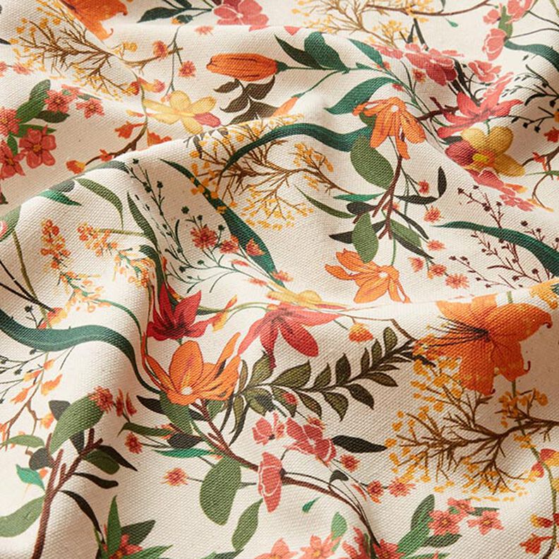 tessuto arredo mezzo panama, motivo floreale – albicocca/naturale,  image number 2