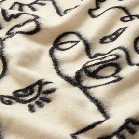 Tessuto a maglia per cappotto con volti astratti – nero/bianco lana, 