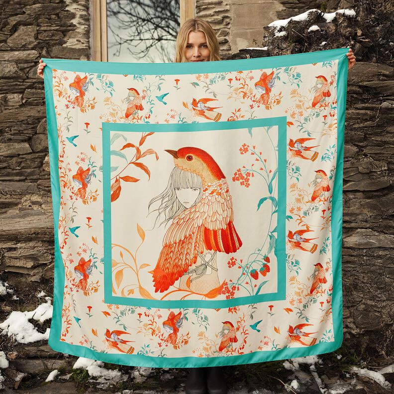 Taglio di tessuto in satin con uccelli e fate | Katia Fabrics – azzurro/crema,  image number 5
