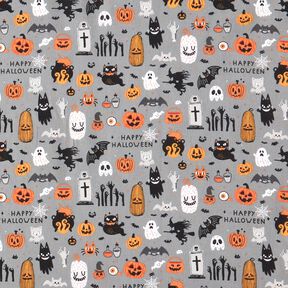 tessuto in cotone popeline Happy Halloween – grigio elefante/arancio chiaro, 
