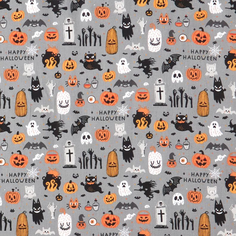 tessuto in cotone popeline Happy Halloween – grigio elefante/arancio chiaro, image number 1