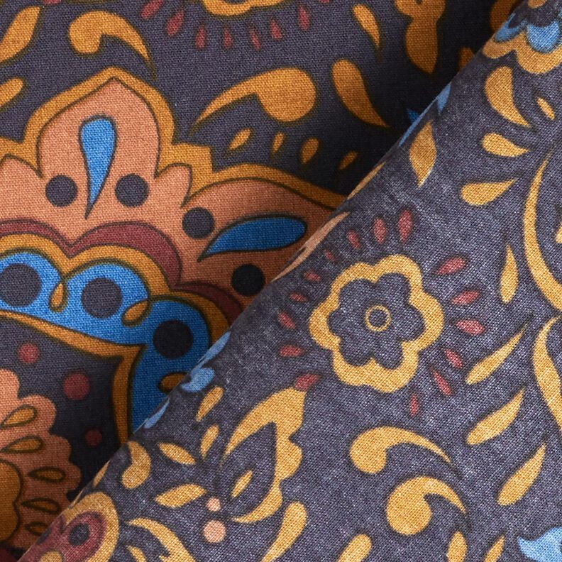 tessuto per camicie Fiori retrò e motivi paisley – blu notte/caramello,  image number 4