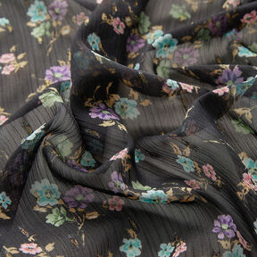 Chiffon increspato Dobby e Fiori – nero/azzurro, 