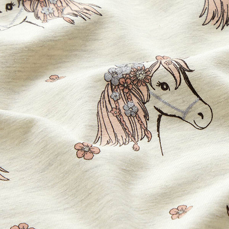 jersey di cotone Glitter cavalli e fiorellini – naturale/argento,  image number 2