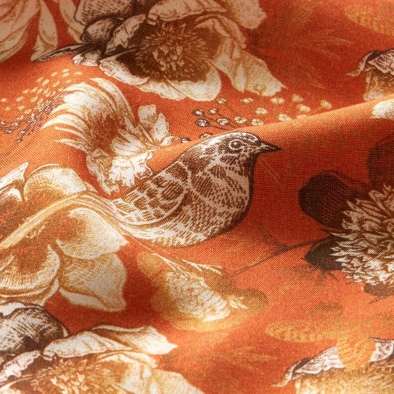 Tessuto di viscosa Uccelli e rose selvatiche – terracotta/caramello, image number 2