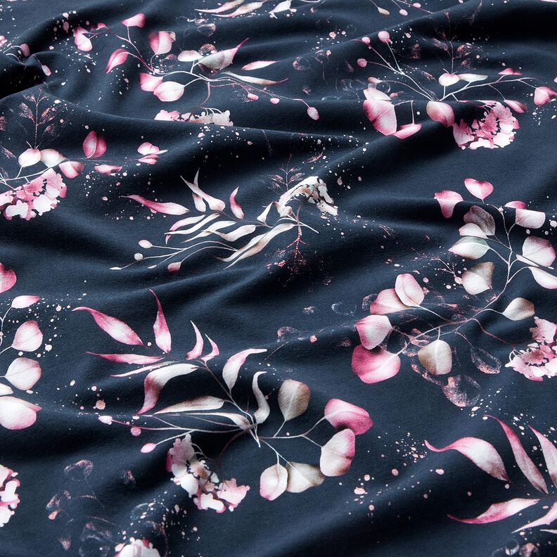 jersey di cotone Eucalipto e ortensie | Glitzerpüppi – blu notte/rosa, image number 2