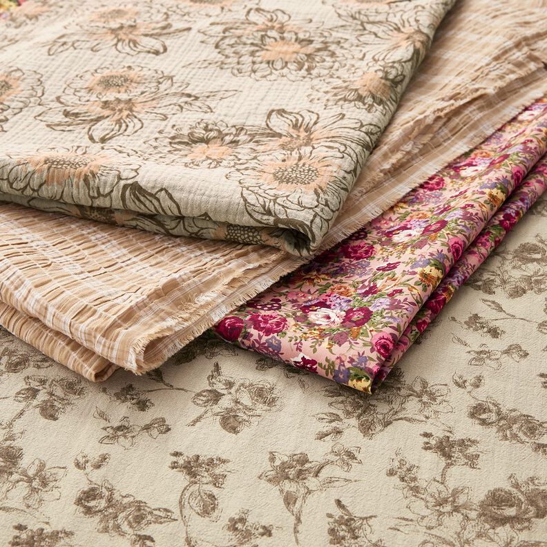 mussolina / tessuto doppio increspato fiori estivi – tortora chiaro/marrone medio,  image number 5