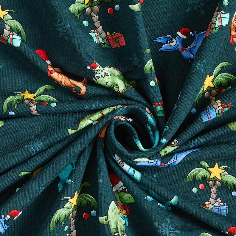 French terry, felpa estiva Dinosauri di Natale sotto le palme | Glitzerpüppi – petrolio/verde chiaro, image number 3