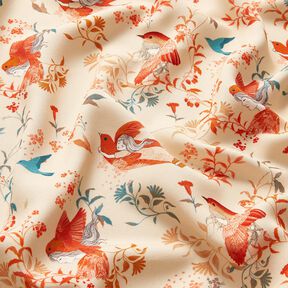 Tessuto in viscosa LENZING™ ECOVERO™ con uccelli e fate | Katia Fabrics – crema/rosso fuoco, 