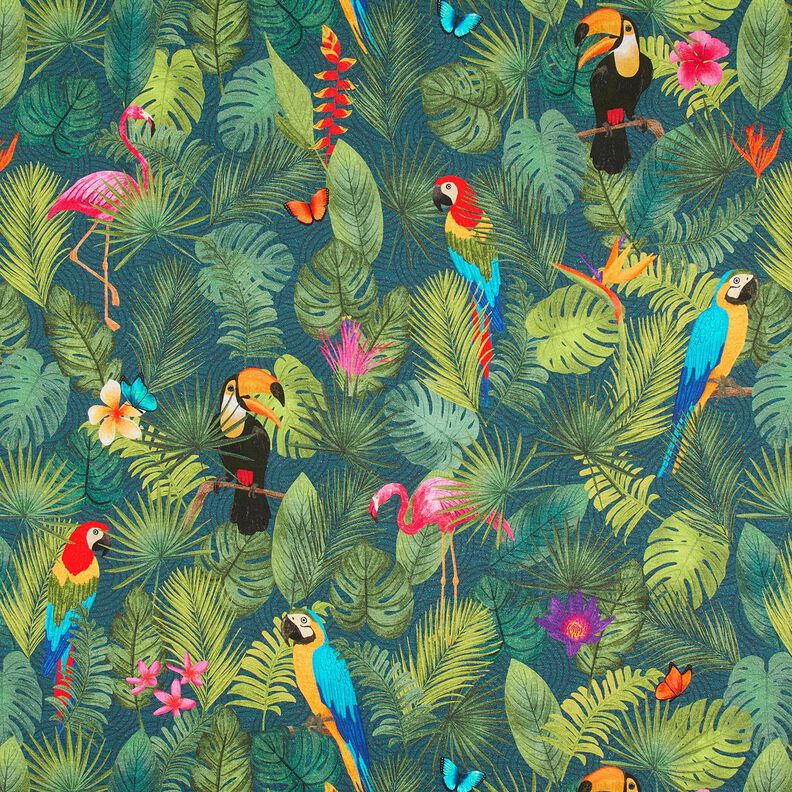 tessuto arredo mezzo panama Uccelli tropicali – verde scuro/rosso,  image number 1