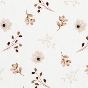 GOTS jersey di cotone Stampa digitale di fiori e rami all'acquerello – bianco/marrone chiaro, 