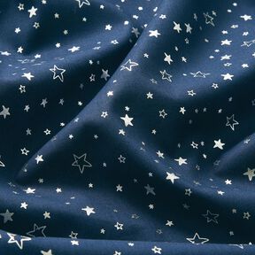 tessuto in cotone popeline stampa laminata stelle di Natale – blu notte/argento effetto metallizzato, 