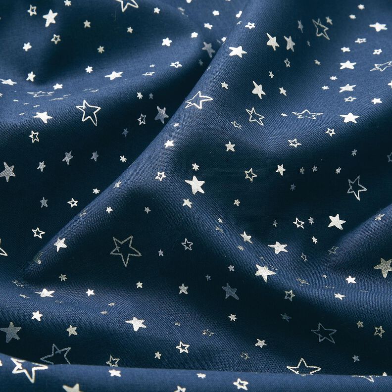 tessuto in cotone popeline stampa laminata stelle di Natale – blu notte/argento effetto metallizzato,  image number 2