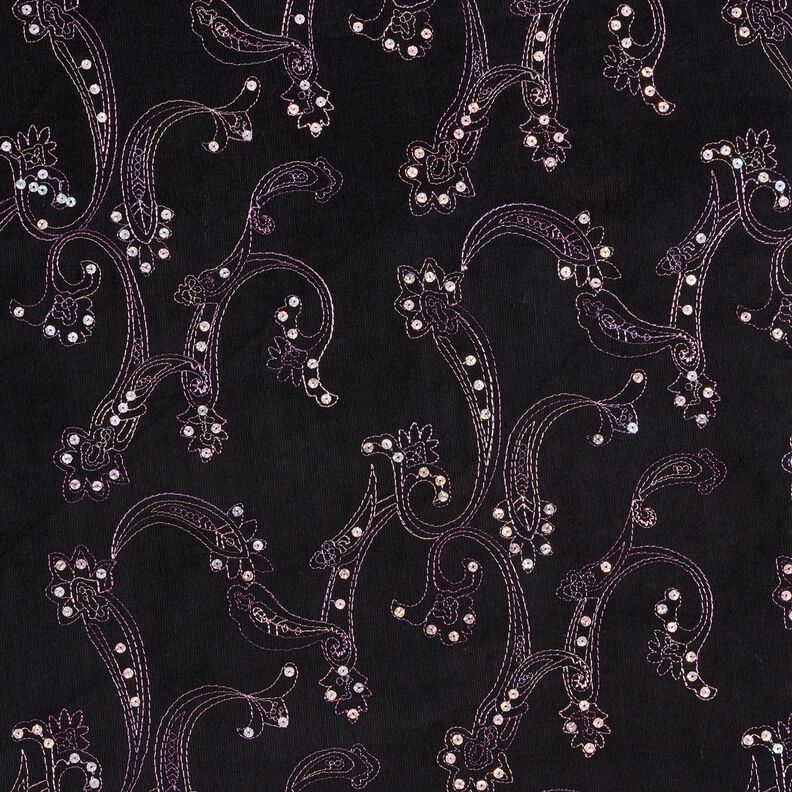 Velluto a costine con fiori ricamati in pailletes – nero,  image number 1