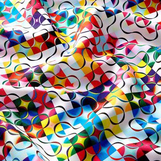 tessuto in poliestere, linee sinuose colorate e quadri, 