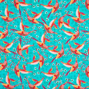 Tessuto in viscosa per abbigliamento da spiaggia con pavoni e fiori – azzurro/rosa fucsia acceso, 
