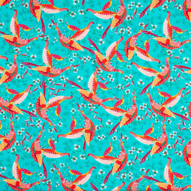 Tessuto in viscosa per abbigliamento da spiaggia con pavoni e fiori – azzurro/rosa fucsia acceso,  image number 1