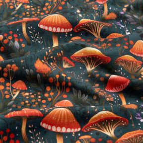 French terry, felpa estiva Foresta di funghi magici stampa digitale – verde scuro, 