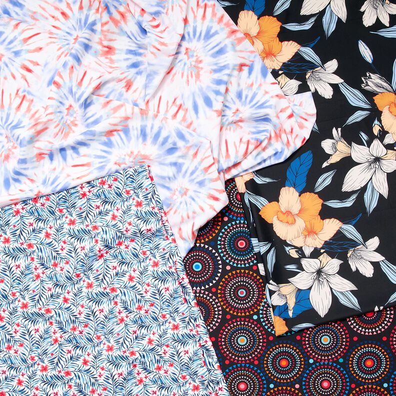 tessuto per costumi da bagno mandala – nero-azzurro/rosso fuoco,  image number 5
