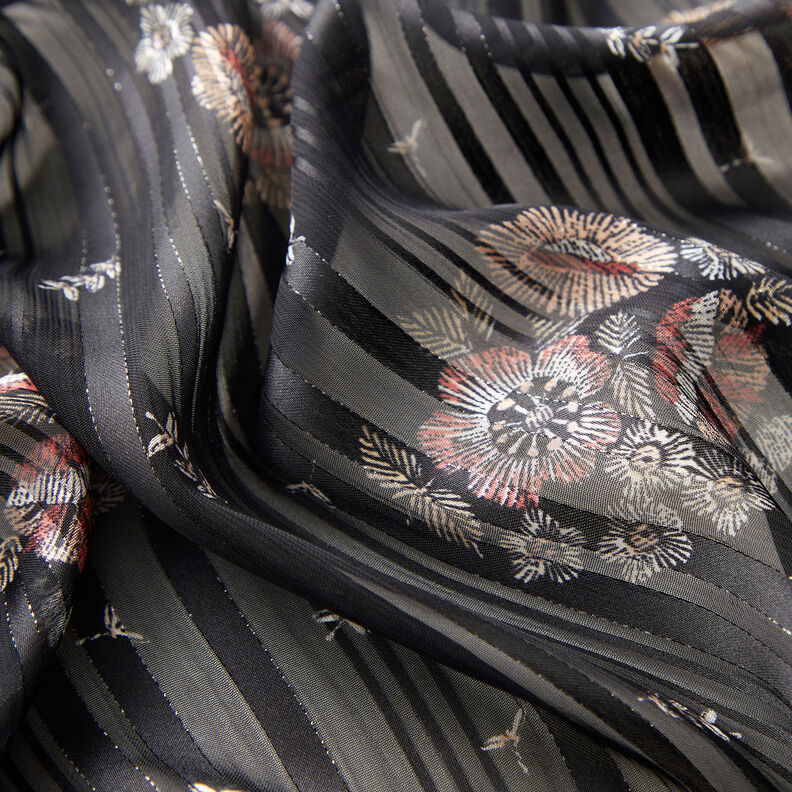 Chiffon con fiori in raso e righe metalliche – nero/bianco,  image number 3