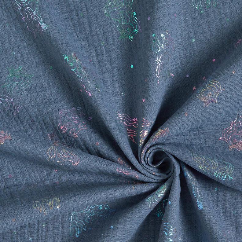 mussolina / tessuto doppio increspato Unicorni stampa laminata – grigio blu,  image number 4