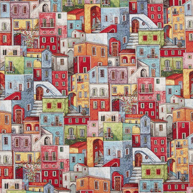 tessuto arredo gobelin Piccola città variopinta – rosso carminio/blu,  image number 1