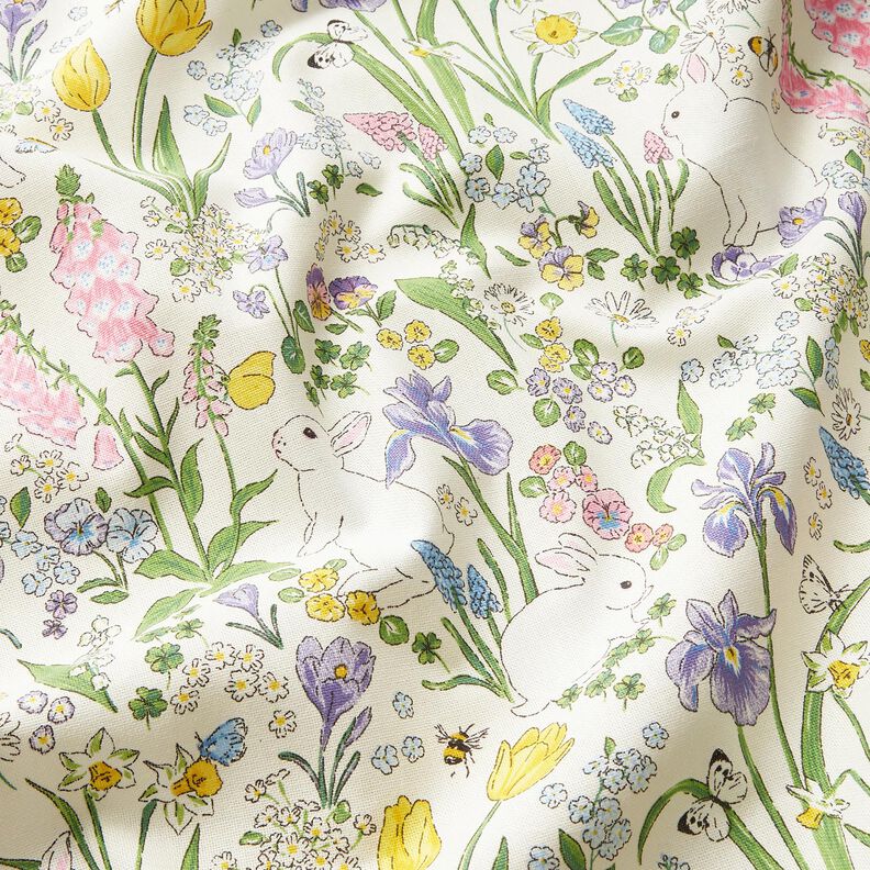 tessuto arredo mezzo panama Coniglietti nel prato fiorito – avorio/rosa chiaro,  image number 2