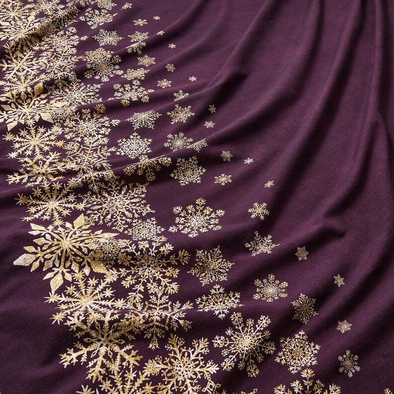 French terry, felpa estiva Fiori di ghiaccio tessuto con bordura | Glitzerpüppi – melanzana/oro, image number 2