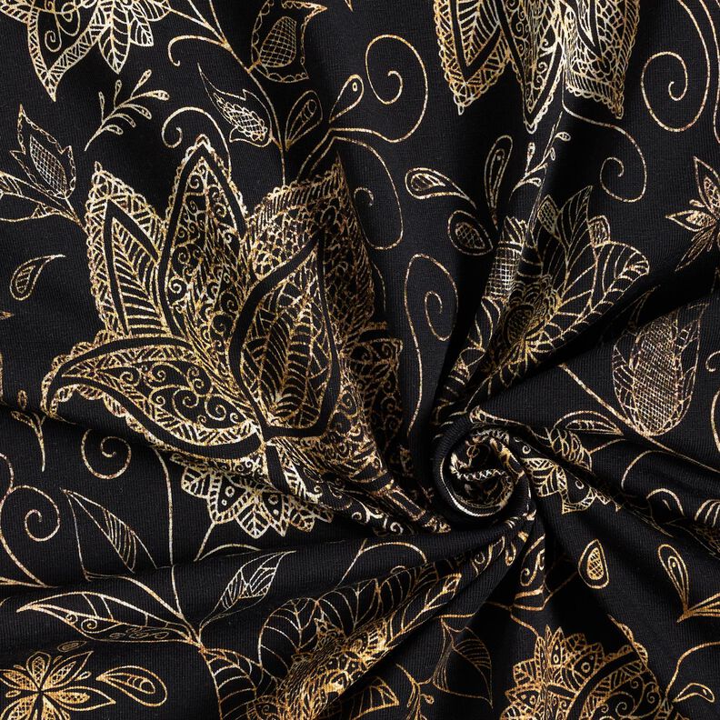 jersey di cotone Fiori mandala dorati | Glitzerpüppi – nero/oro,  image number 3