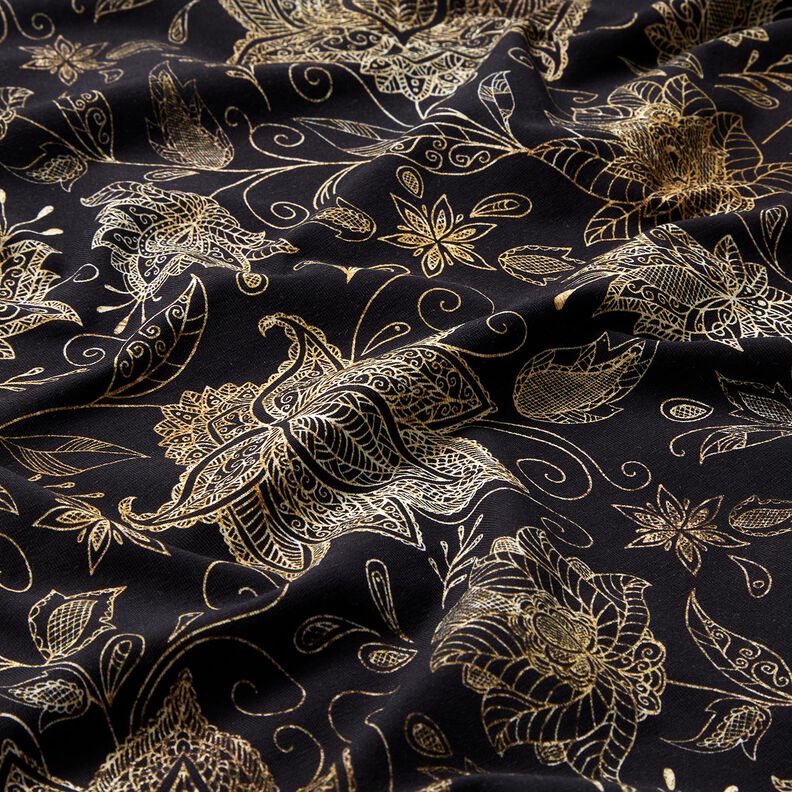 jersey di cotone Fiori mandala dorati | Glitzerpüppi – nero/oro,  image number 2