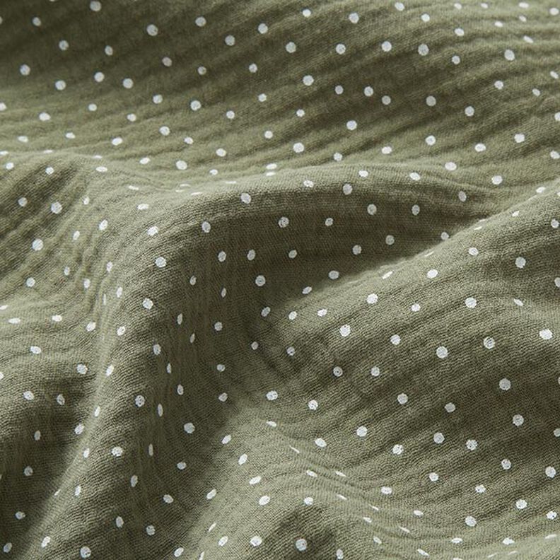 mussolina / tessuto doppio increspato piccoli pois – verde oliva chiaro/bianco, image number 2