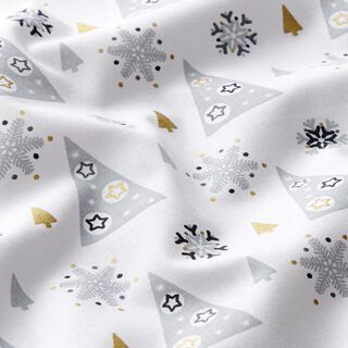 tessuto in cotone cretonne alberi di Natale addobbati – bianco/oro, 