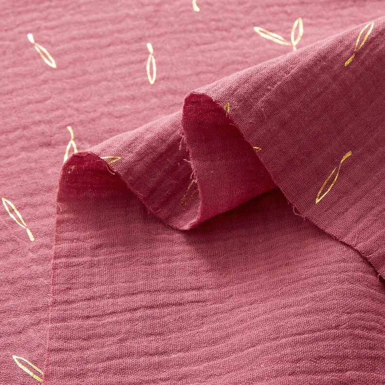 mussolina / tessuto doppio increspato stampa laminata Foglie – lampone/oro,  image number 3