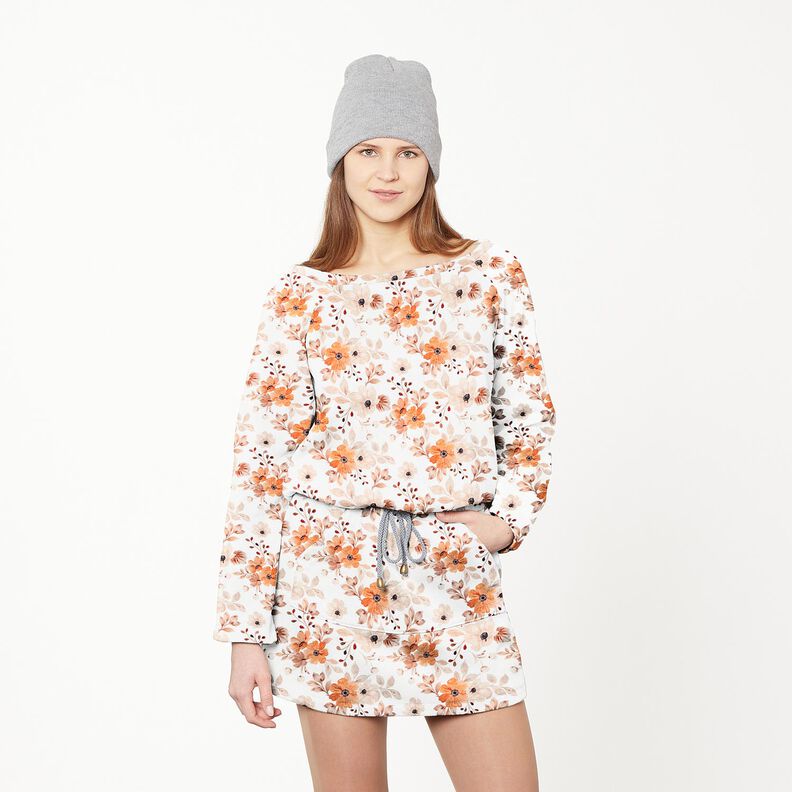 GOTS French terry, felpa estiva Fiori delicati – bianco/arancio pesca,  image number 5